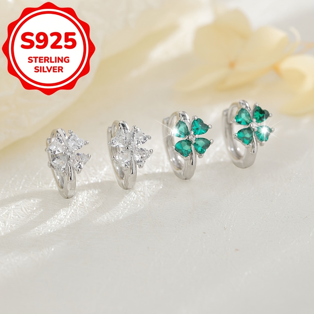 2pcs Women's S925 Silver Emerald Clover Stud Earrings